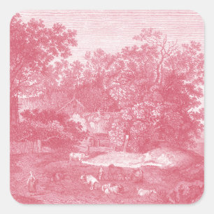 Toile de Jouy Shabby Pink Pastoral Landscape Square Sticker