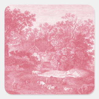 Toile de Jouy Shabby Pink Pastoral Landscape Square Sticker