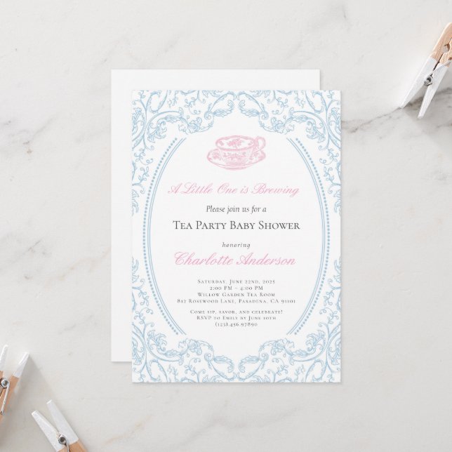 Toile de Jouy Tea Party Baby Shower Invitation (Front/Back In Situ)