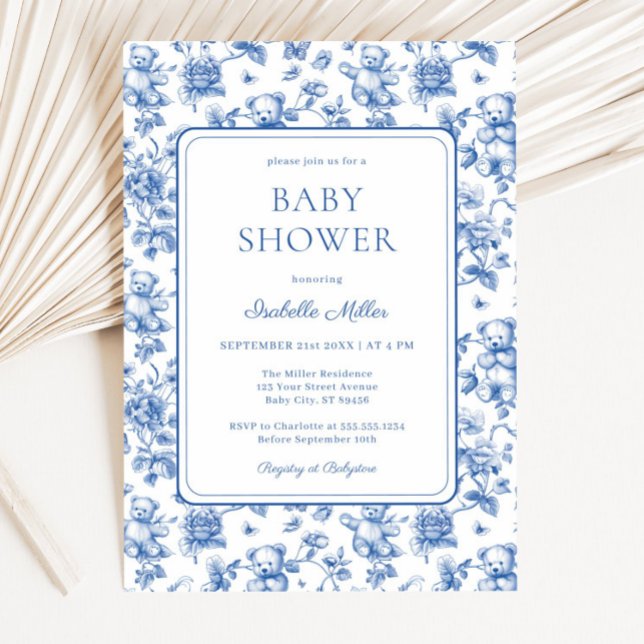 Toile De Jouy Teddy Bear Baby Shower Boy Invitation (Creator Uploaded)