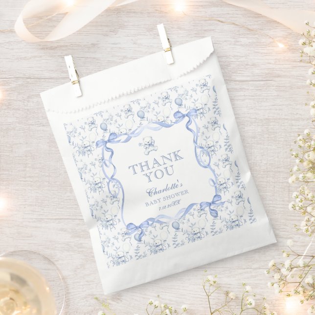 Toile De Jouy Teddy Bear Baby Shower Thank You Favour Bags (Clipped)