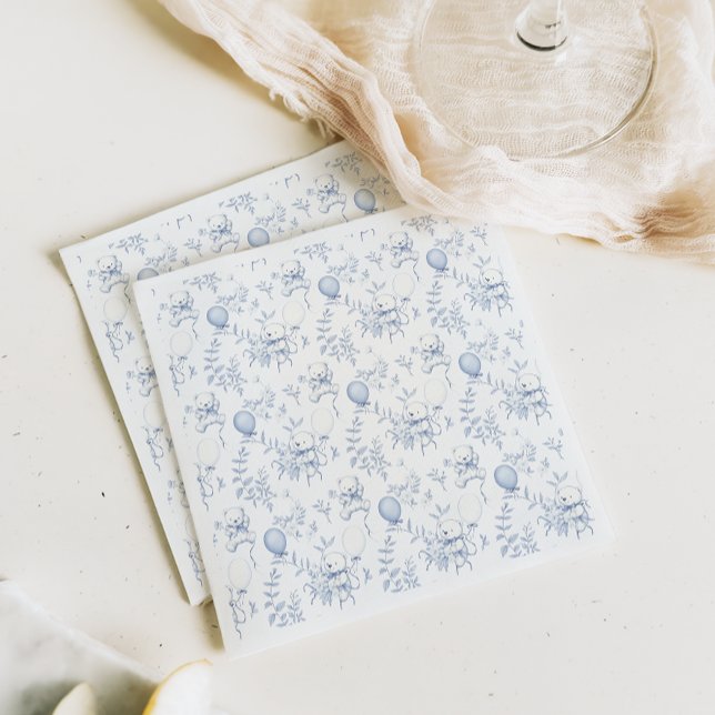 Toile De Jouy Teddy Bear Dusty Blue Baby Shower Napkin (Creator Uploaded)