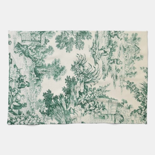Toile de Jouy vert Tea Towel (Horizontal)