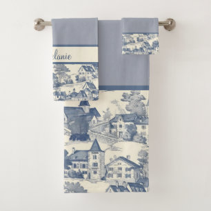 Toile de Jouy Village Scene Border on Blue Bath Towel Set