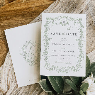 Toile de Jouy Wedding Save the Date Sage Green