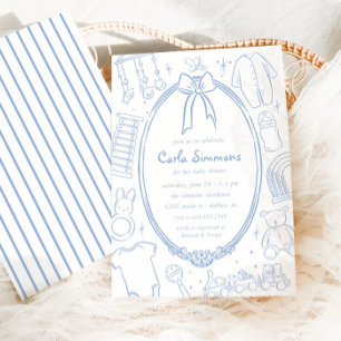 Toile De Jouy Whimsical Blue Baby Shower Invitation