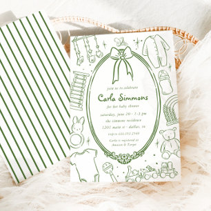 Toile De Jouy Whimsical Green Baby Shower Invitation
