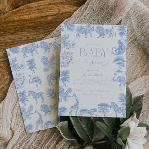 Toile De Jouy White And Blue Safari Baby Shower Invitation