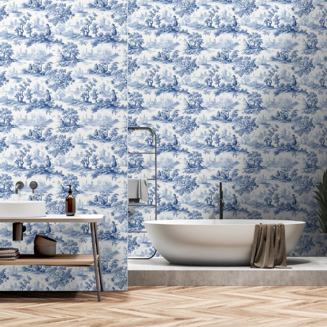 Toile du Jouy Blue Faux French  Wallpaper (Bathroom)