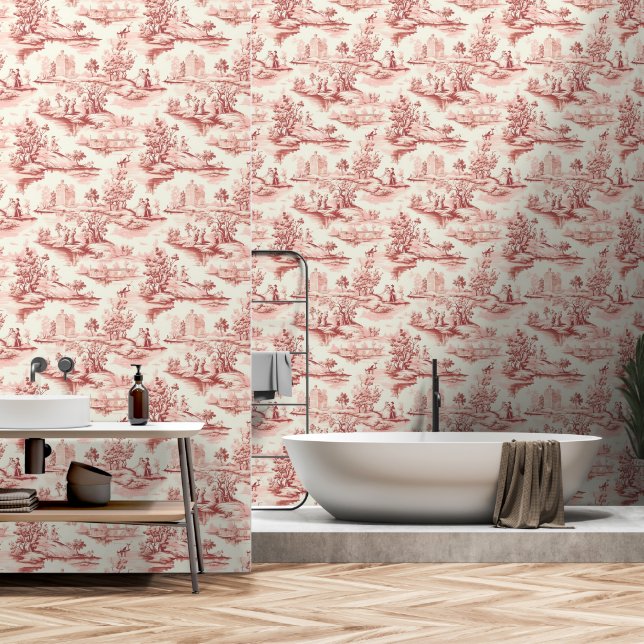 Toile du Jouy Red Faux French  Wallpaper (Bathroom)
