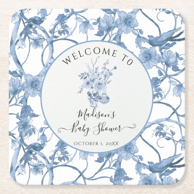 Toile Elegant Floral Blue and White Baby Shower Square Paper Coaster (Front)