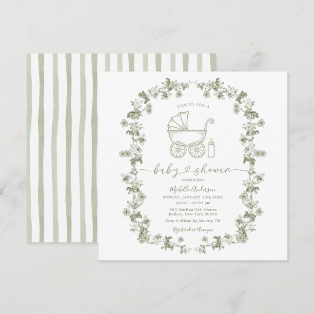 Toile Floral Baby Shower Sage Green Baby Shower Invitation (Front/Back)