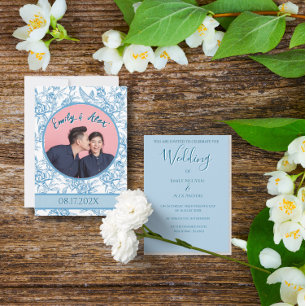 Toile Floral Bird Light Blue Photo Wedding Invitation