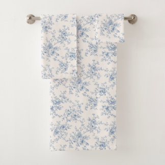 Toile Floral Bouquet Blue Cream Vintage Botanical Bath Towel Set