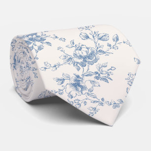 Toile Floral Bouquet Blue Cream Vintage Botanical Tie