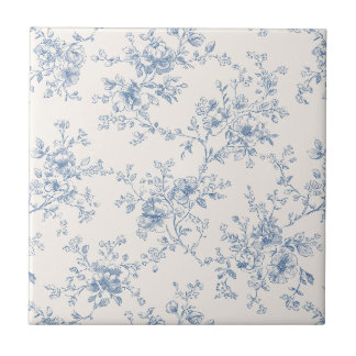 Toile Floral Bouquet Blue Cream Vintage Botanical Tile