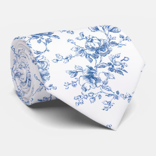 Toile Floral Bouquet Blue White Vintage Botanical Tie