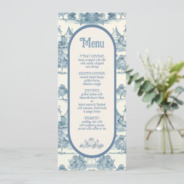 Toile Floral chateau Wedding Menu (Standing Front)