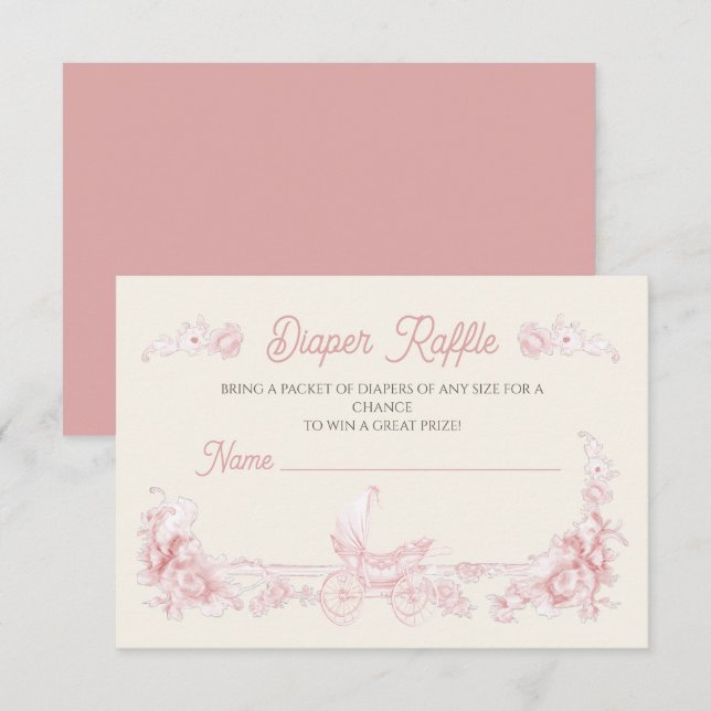 Toile Floral Pink Teddy Bear Diaper Raffle Invitation (Front/Back)