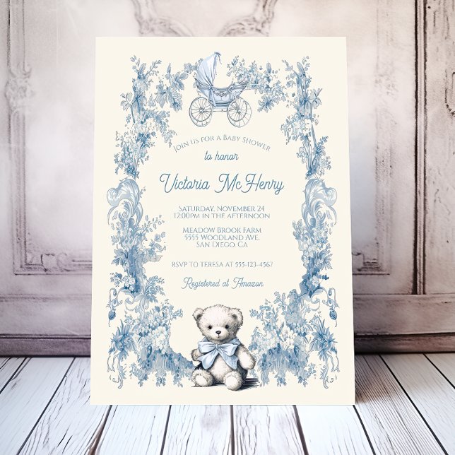 Toile Floral Teddy Bear Carriage Baby Shower Invitation (Creator Uploaded)