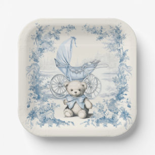Toile Floral Teddy Bear Carriage Baby Shower Paper Plate