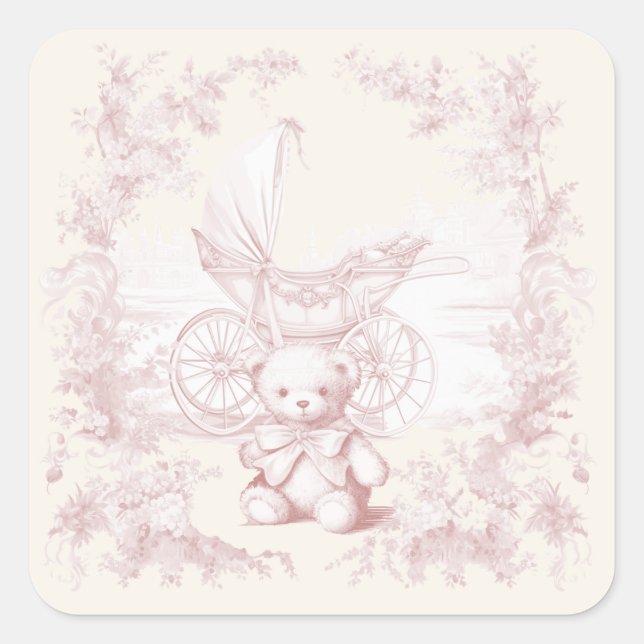 Toile Floral Teddy Bear Carriage Baby Shower Square Sticker (Front)