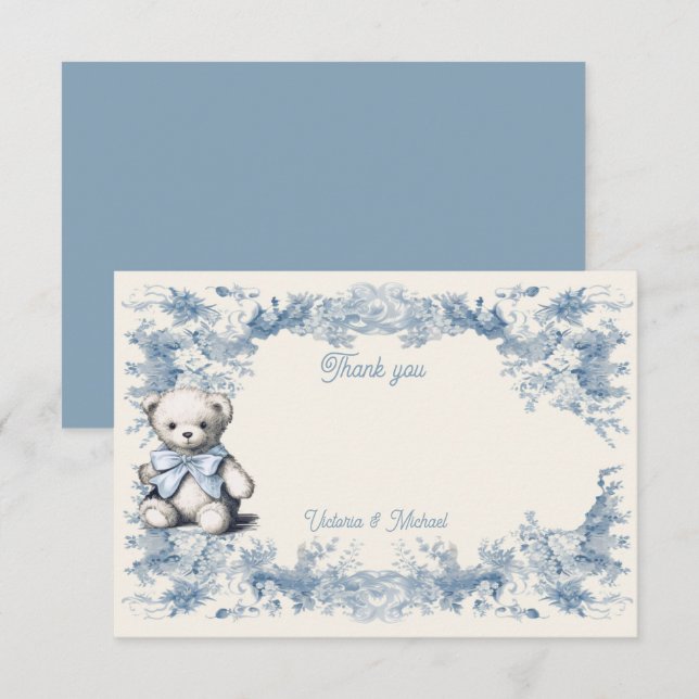 Toile Floral Teddy Bear  Thank You Card (Front/Back)
