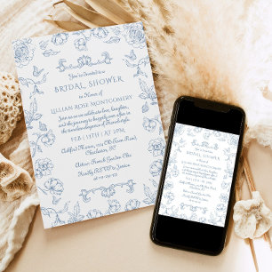 Toile Floral Whimsical garden Bridal shower Invitation