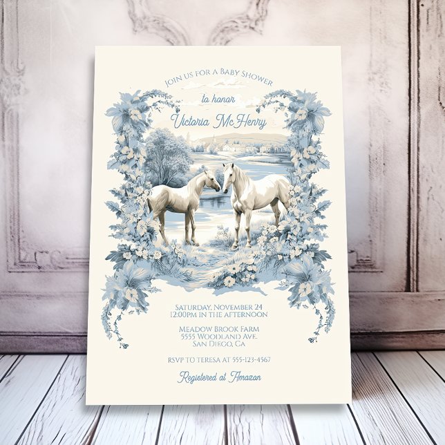 Toile Floral White Horses Baby Shower Invitation (Creator Uploaded)