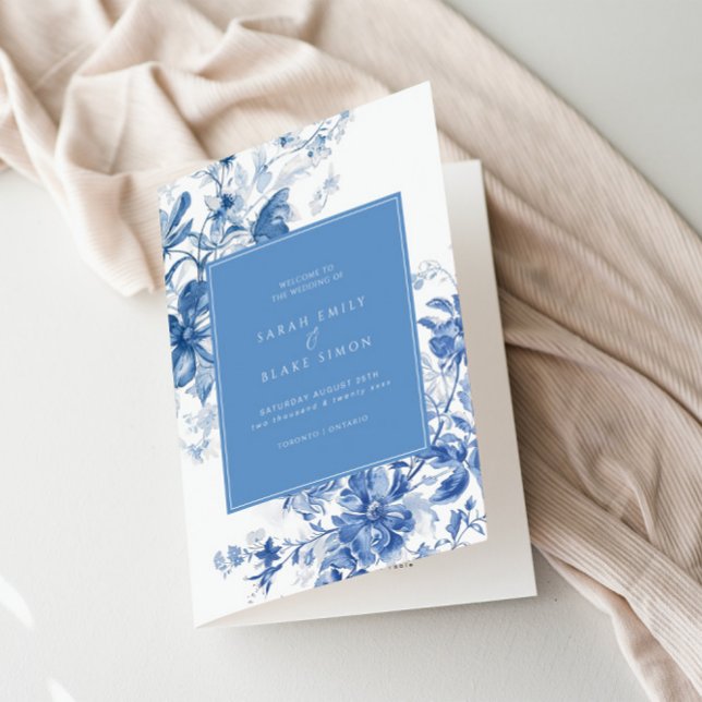Toile French Blue Floral Folded Wedding Program Programme (Creator Uploaded)