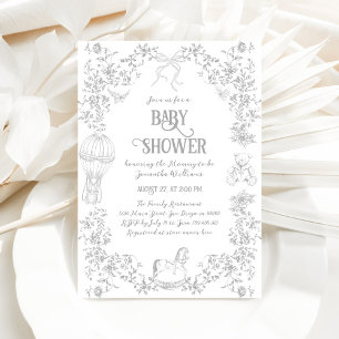 Toile French Elegant Grey Neutral Baby Shower Invitation