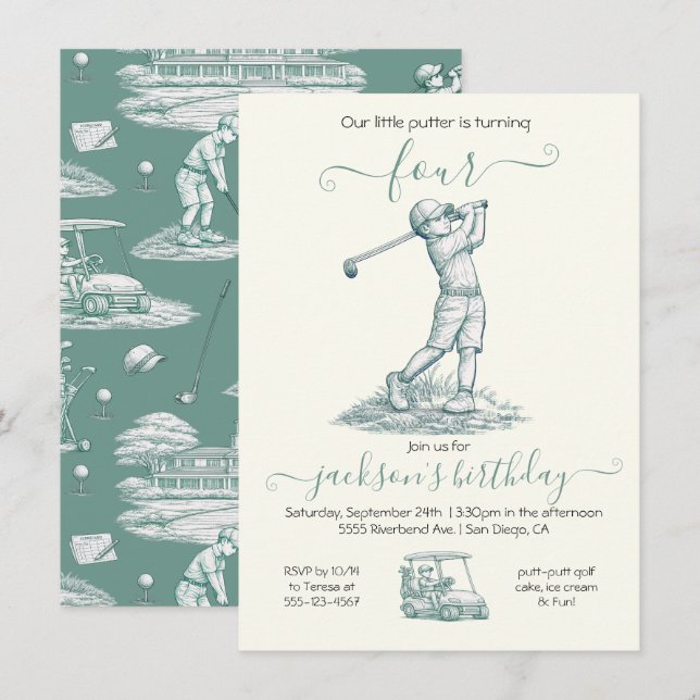 Toile Golf Boy Birthday Party Invitation (Front/Back)