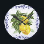 Toile Lemons Clock<br><div class="desc">These luscious lemons are surrounded by a lovely French Toile border! An adorable kitchen accent!

Italian lemon clock,  lemons clock,  lemons wall clock,  Italian kitchen décor,  country French kitchen clock, </div>