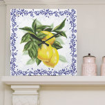 Toile Lemons Clock<br><div class="desc">Toile Lemons Kitchen or Patio Clock. This lovely European style design features luscious lemons surrounded by a toile border! A bunch of bright, ripe lemons on a branch encircled with generous green leaves. A border of royal navy blue toile filagree borders the design. A perfect touch for your Italian or...</div>