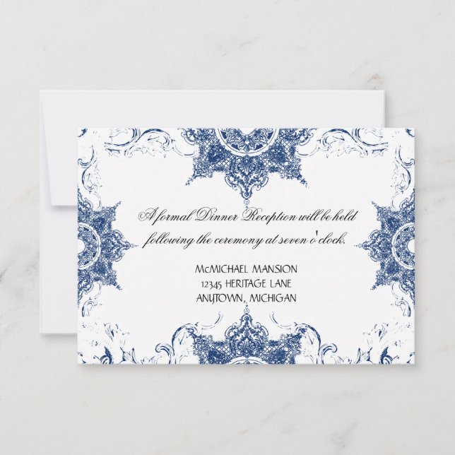 Toile Navy n White Damask Swirl Wedding Reception Invitation (Front)