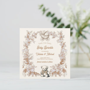 Toile Neutral Teddy Bear Carriage Save the Date Invitation