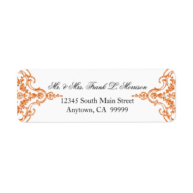 Toile Orange n White Damask Swirl Wedding Labels (Front)