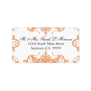 Toile Orange n White Damask Swirl Wedding Labels
