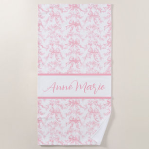 Toile Pink and White Coquette Bow Wedding Party Beach Towel