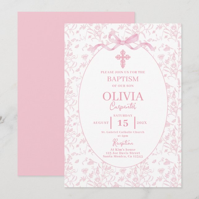 Toile Pink Baptism Invitation (Front/Back)
