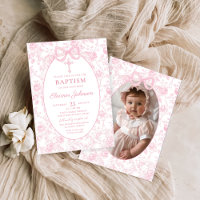 Toile Pink Bow Baptism Girl Photo Invitation