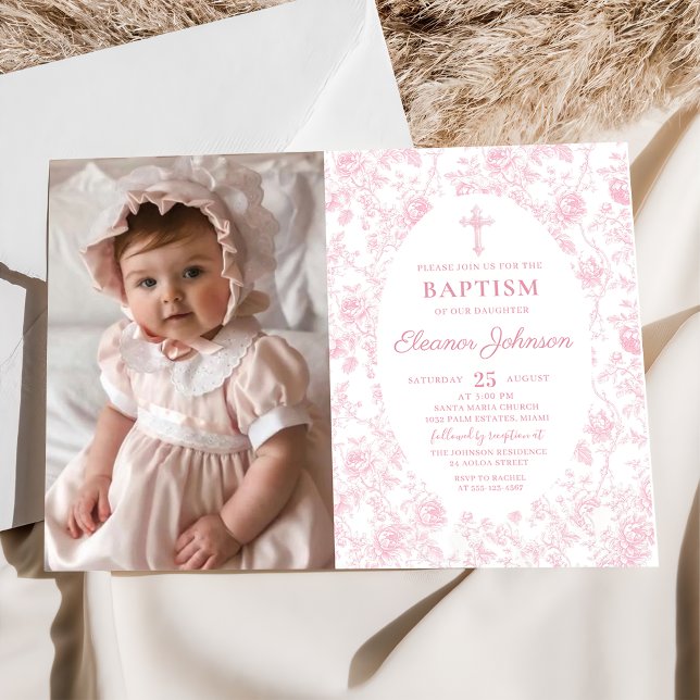 Toile Pink Bow Baptism Girl Photo Invitation (Creator Uploaded)