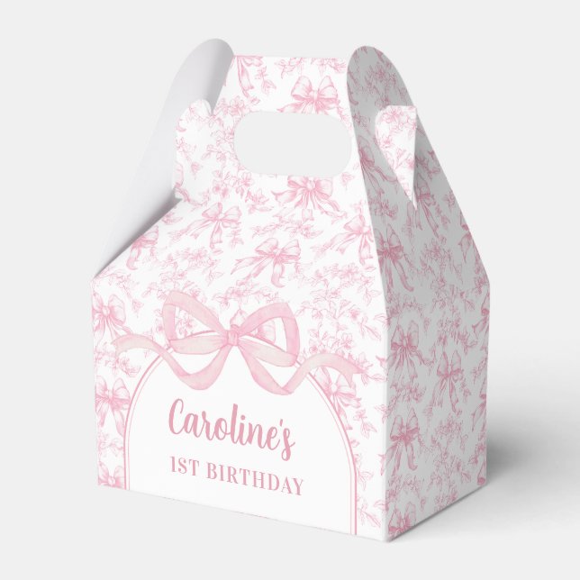 Toile Pink Bow Birthday Favour Box (Front Side)