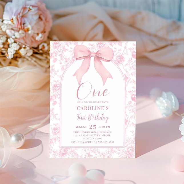Toile Pink Bow Chinoiserie 1st Birthday Invitation (Creator Uploaded)