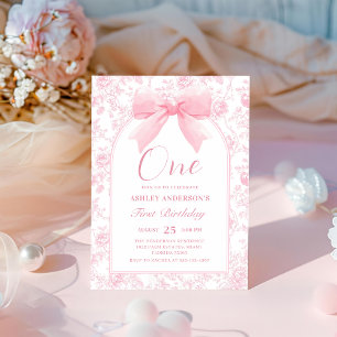 Toile Pink Bow Chinoiserie 1st Birthday Invitation