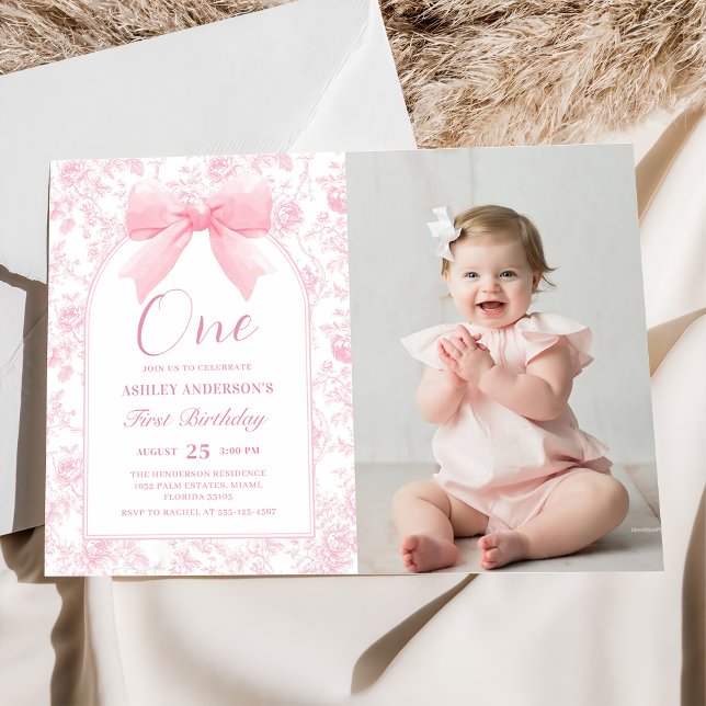 Toile Pink Bow Chinoiserie 1st Birthday Photo Invitation (Creator Uploaded)