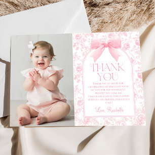 Toile Pink Bow Chinoiserie Girl Birthday Photo Thank You Card