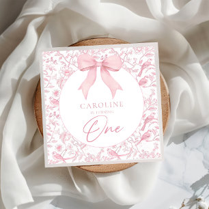 Toile Pink Bow Floral 1st Birthday Napkins