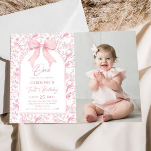 Toile Pink Bow Floral 1st Birthday Photo Invitation