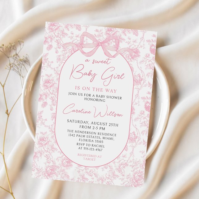 Toile Pink Bow Floral Baby Shower Invitation (Creator Uploaded)